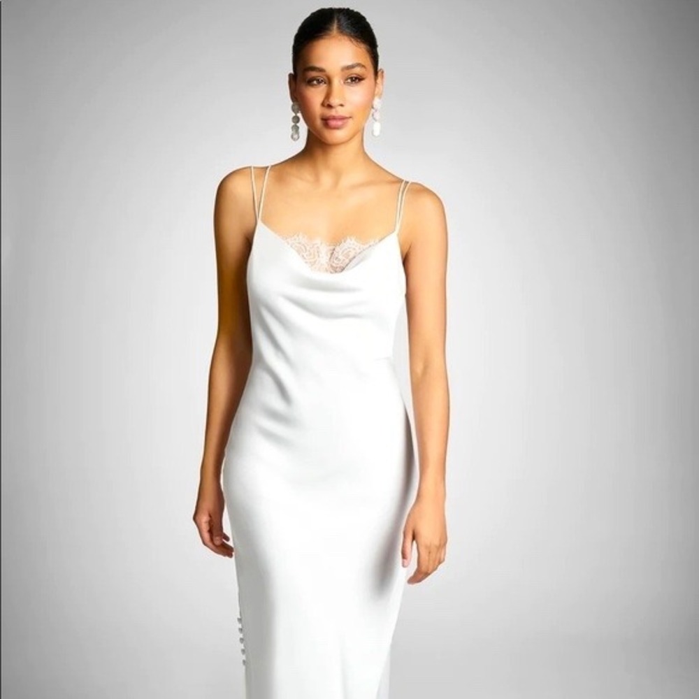 Sachin& Babi White Satin Cowl Neck‎ Midi Dress Lace Trim Backless Bridal size 4
